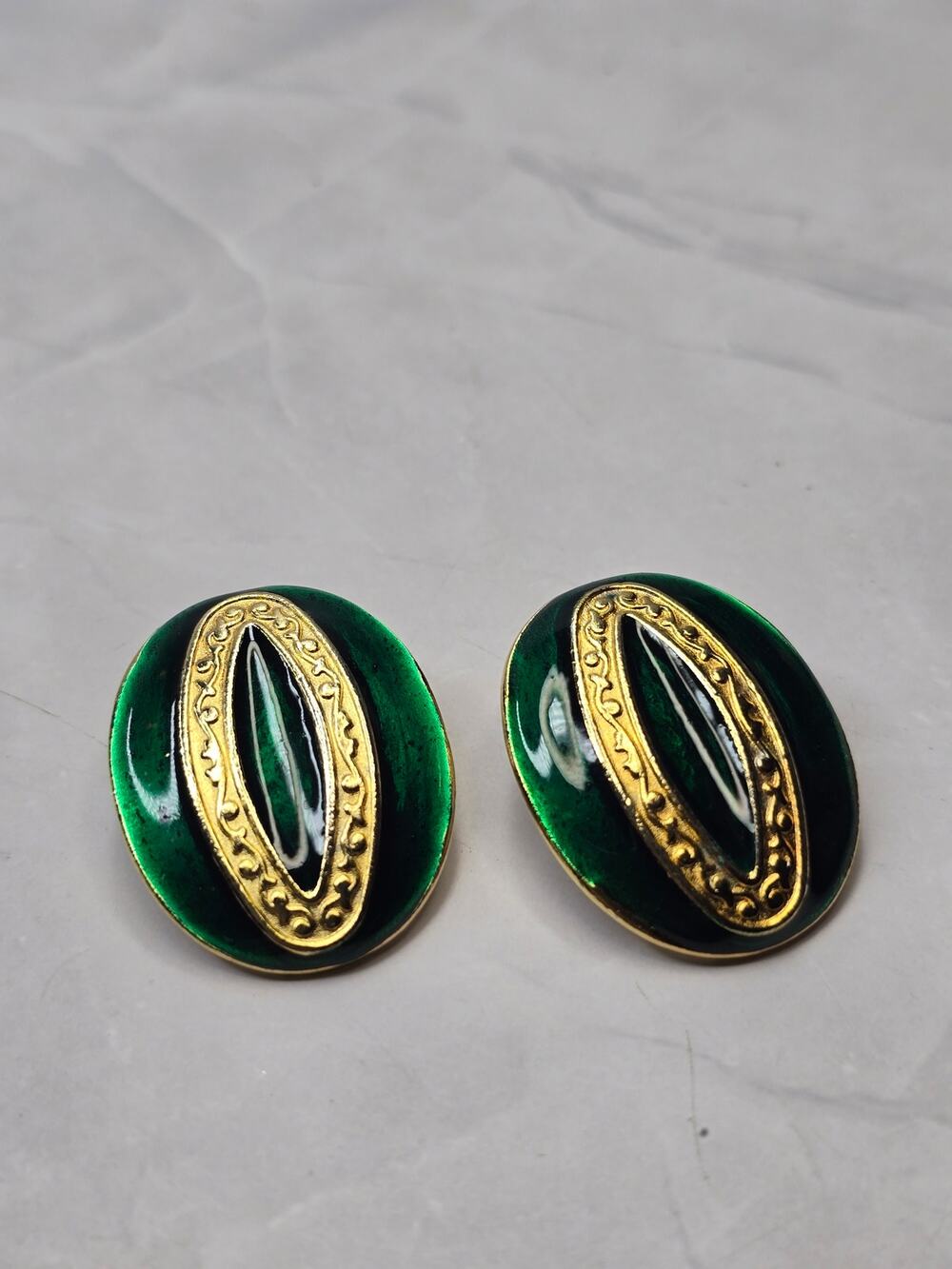 Gold Tone and Green Oval Earrings